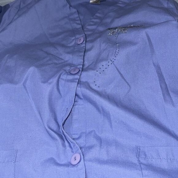 Angel Womens Light Blue Button-Up Scrub Jacket W/ Rhinestone Butterfly Design XS - Picture 10 of 10